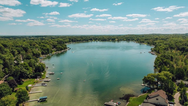 drone / aerial view with a forest view and a water view