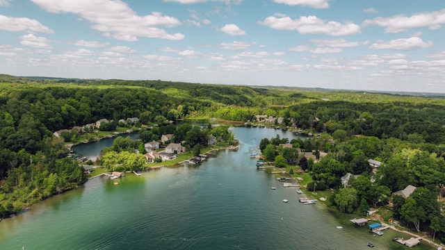 aerial view with a wooded view and a water view