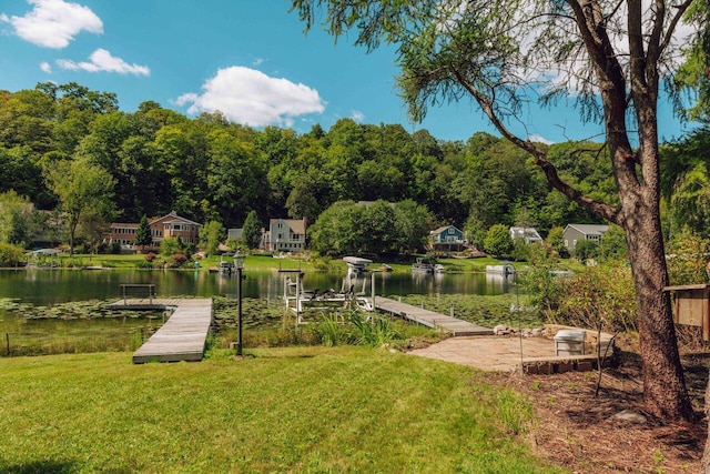 view of home's community featuring a dock, a yard, and a water view