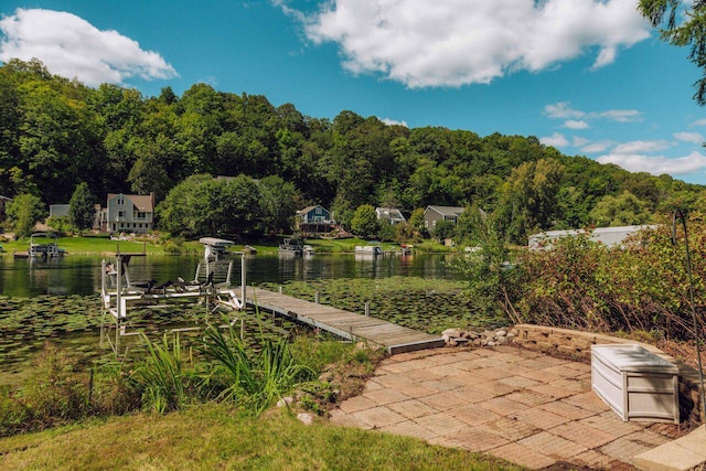 view of patio featuring a water view and a boat dock