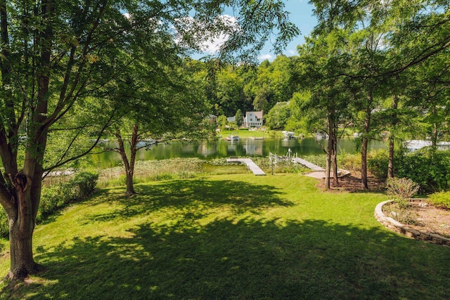 view of community with a lawn and a water view