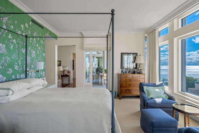 bedroom with carpet flooring and ornamental molding