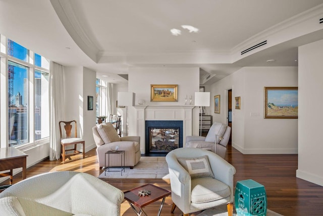 living room featuring a raised ceiling, ornamental molding, wood finished floors, baseboards, and a multi sided fireplace