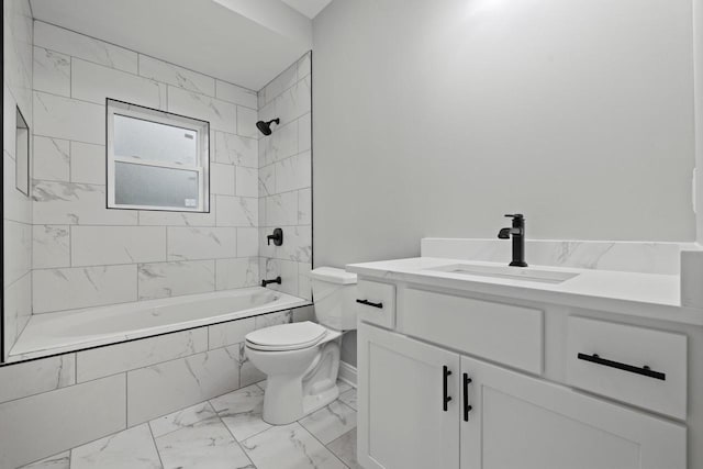 full bathroom with tiled shower / bath combo, vanity, and toilet