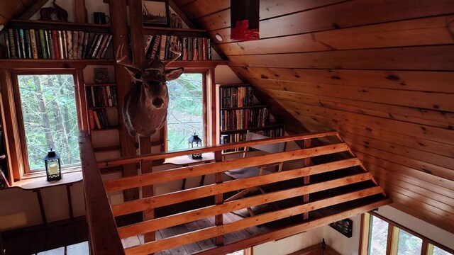 N697 County Rd N, Neshkoro, WI 54960 - stairway featuring vaulted ceiling, plenty of natural light, and wooden ceiling
