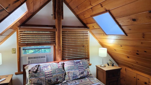 N697 County Rd N, Neshkoro, WI 54960 - bedroom with a skylight, lofted ceiling, cooling unit, and wood ceiling