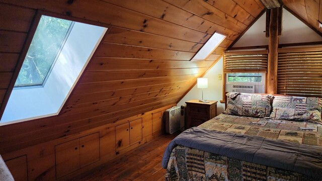 N697 County Rd N, Neshkoro, WI 54960 - bedroom with a skylight, hardwood / wood-style floors, lofted ceiling, cooling unit, and wooden ceiling