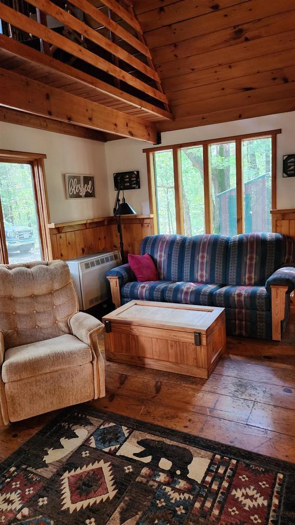 N697 County Rd N, Neshkoro, WI 54960 - living room featuring wainscoting, vaulted ceiling, hardwood / wood-style flooring, wooden ceiling, and wooden walls