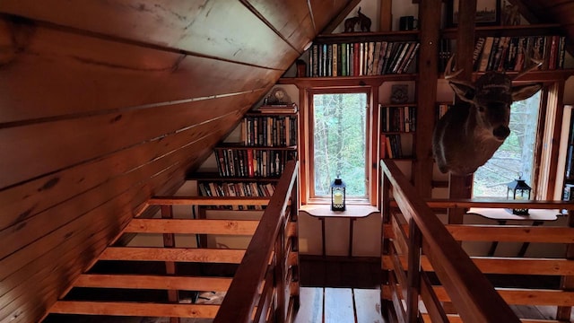 N697 County Rd N, Neshkoro, WI 54960 - stairs with lofted ceiling and hardwood / wood-style flooring