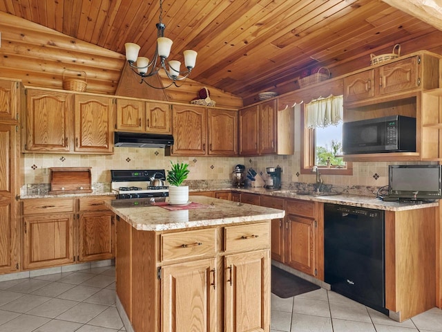 kitchen with vaulted ceiling, decorative light fixtures, black appliances, light tile patterned floors, and sink