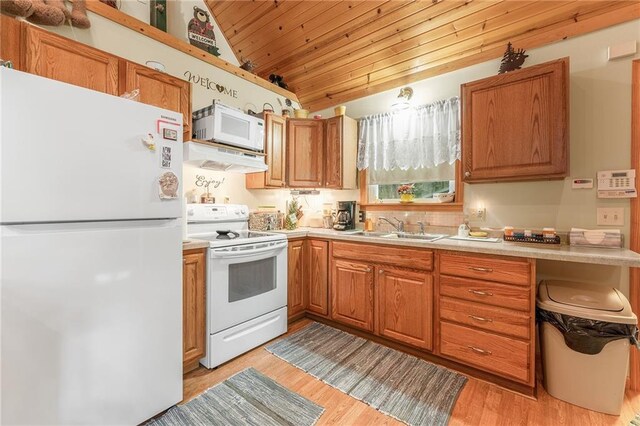 N1071 Ranch Rd, Holcombe, WI 54745 - kitchen featuring light countertops, light wood-style flooring, white appliances, under cabinet range hood, and a sink