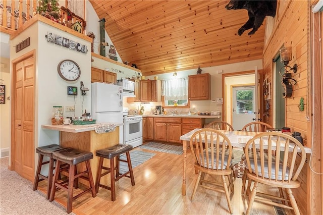 N1071 Ranch Rd, Holcombe, WI 54745 - kitchen featuring light countertops, a peninsula, light wood finished floors, white range with electric stovetop, and wood ceiling