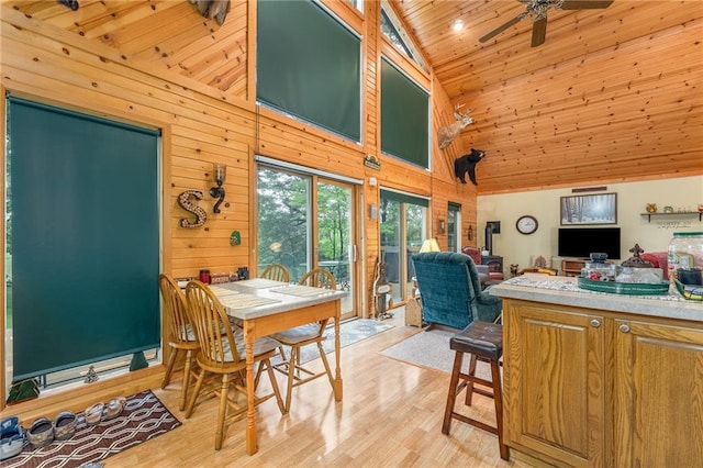 N1071 Ranch Rd, Holcombe, WI 54745 - dining space with high vaulted ceiling, wood walls, a ceiling fan, light wood-style floors, and wood ceiling