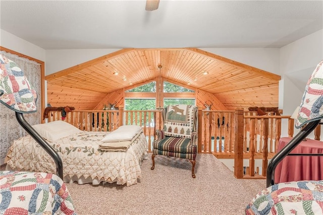 N1071 Ranch Rd, Holcombe, WI 54745 - bedroom featuring wooden ceiling, carpet floors, a ceiling fan, wood walls, and lofted ceiling