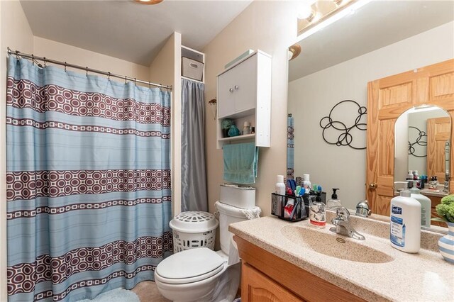 N1071 Ranch Rd, Holcombe, WI 54745 - bathroom featuring toilet, vanity, and curtained shower