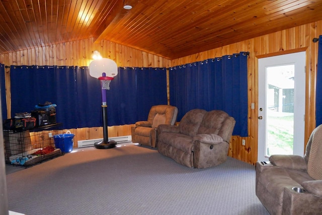 carpeted living room featuring a baseboard heating unit, wood ceiling, wood walls, and vaulted ceiling