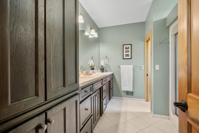 bathroom featuring tile patterned flooring, visible vents, a shower stall, baseboards, and double vanity