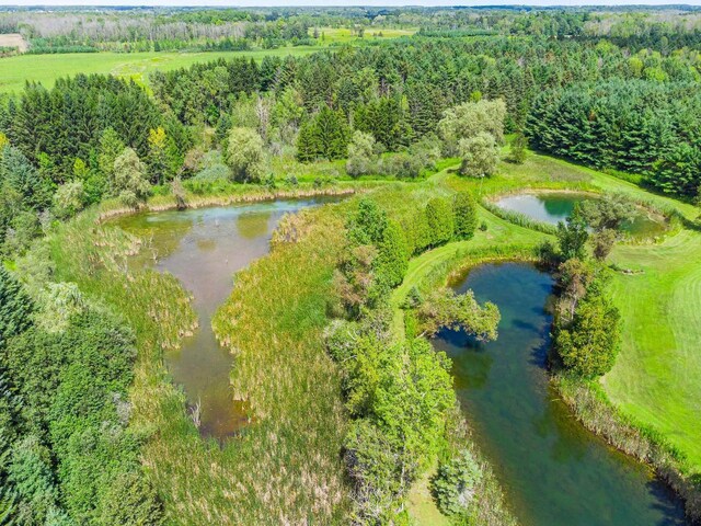 aerial view with a wooded view and a water view