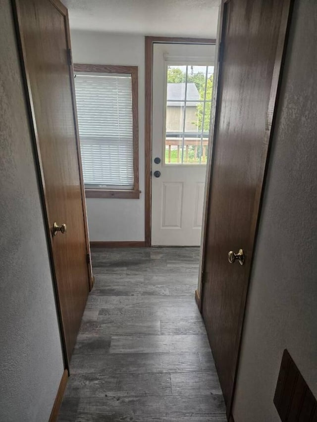 entryway featuring baseboards and wood finished floors