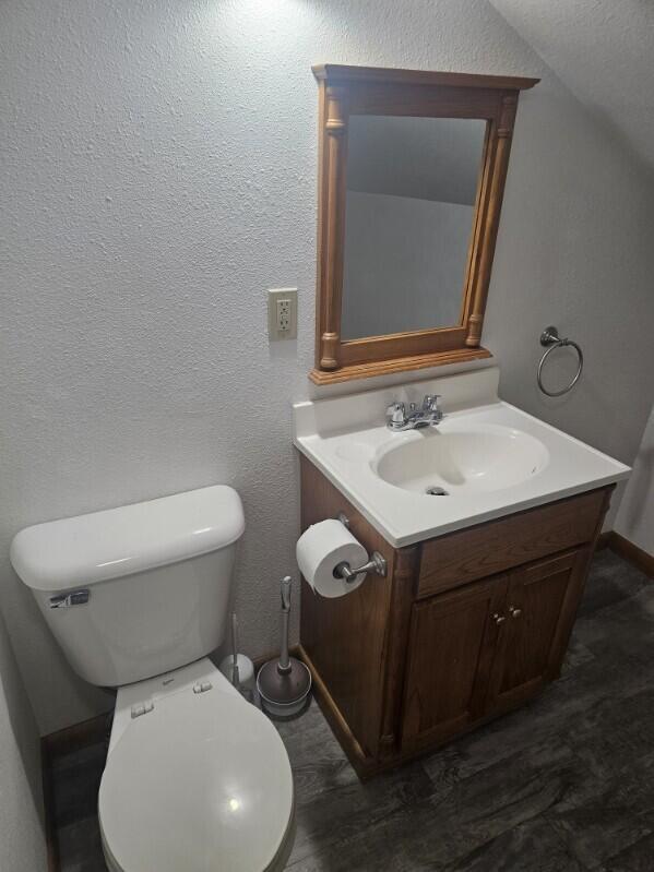 bathroom with vanity, wood finished floors, toilet, and a textured wall