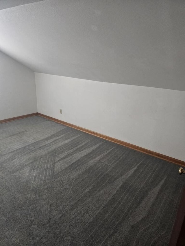 additional living space featuring dark carpet, a textured ceiling, lofted ceiling, and baseboards