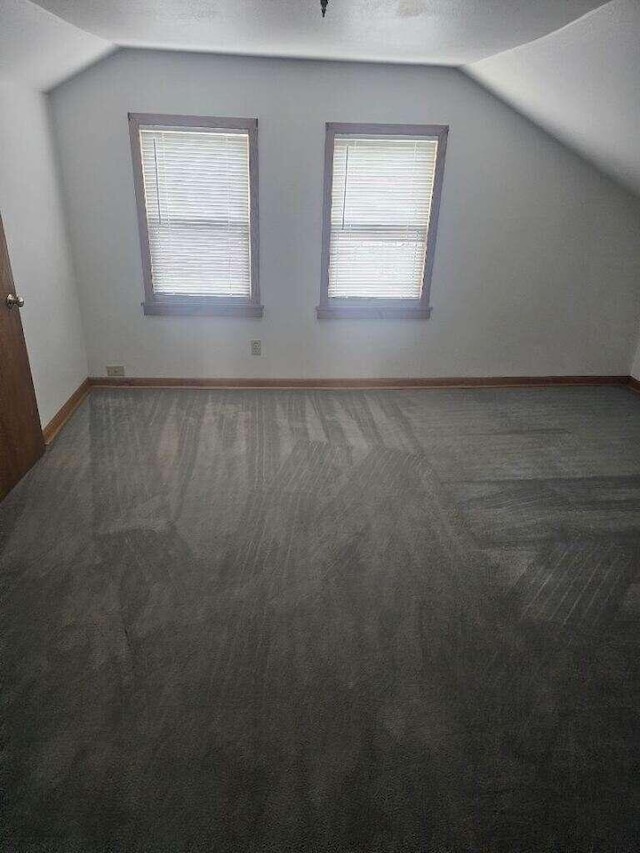 bonus room with vaulted ceiling, carpet, baseboards, and a textured ceiling