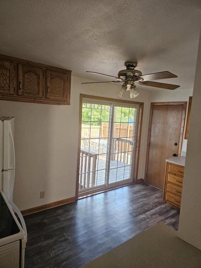 interior space featuring ceiling fan, dark wood-type flooring, baseboards, and a textured ceiling