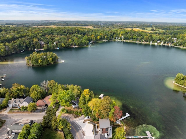 aerial view with a water view and a wooded view