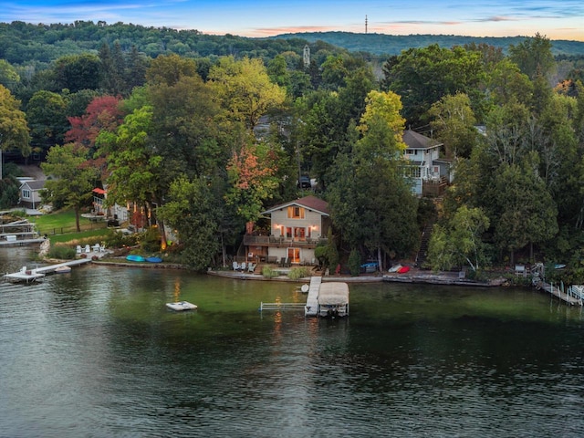 aerial view with a wooded view and a water view