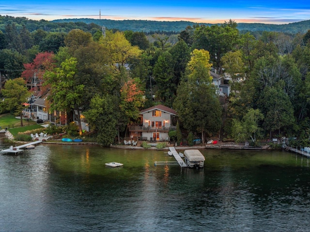 water view with a forest view and a boat dock