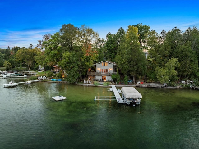 view of dock with a water view