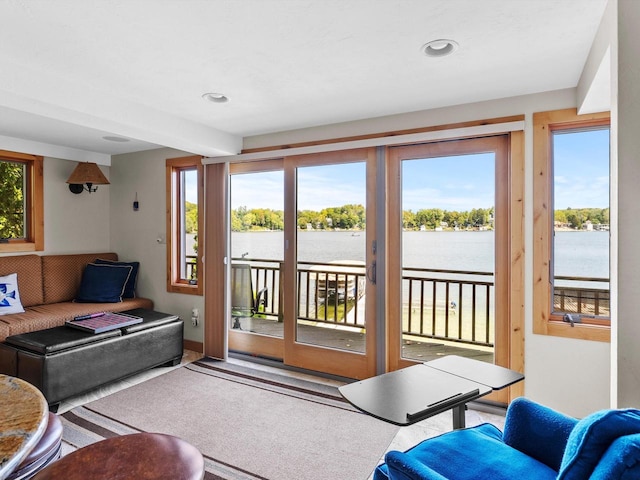 living room with plenty of natural light and a water view