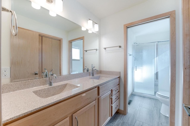 bathroom with vanity, a shower with shower door, and toilet