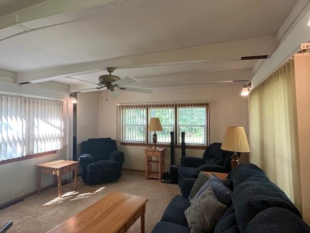 living room featuring beam ceiling, ceiling fan, and carpet