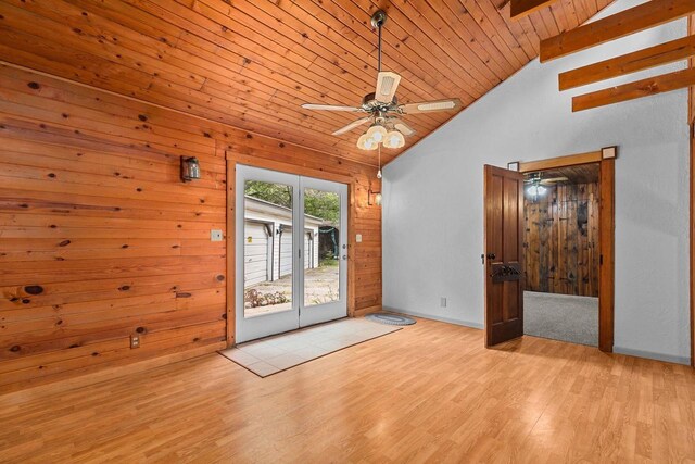 N1802 Shambeau, Waupaca, WI 54981 - empty room with wooden ceiling, high vaulted ceiling, light wood-style floors, and ceiling fan