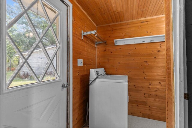 N1802 Shambeau, Waupaca, WI 54981 - washroom with wooden walls, washer / clothes dryer, and wood ceiling