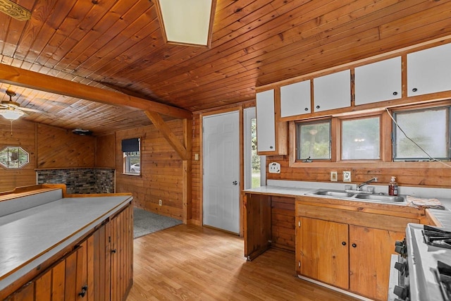 N1802 Shambeau, Waupaca, WI 54981 - kitchen with stainless steel gas stove, wooden walls, wood ceiling, and light wood-style floors