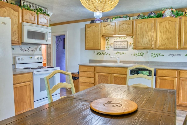 kitchen featuring hardwood / wood-style floors, crown molding, white appliances, a textured ceiling, and sink