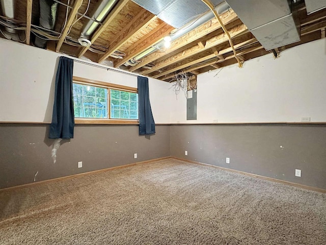 unfurnished room featuring electric panel and carpet flooring