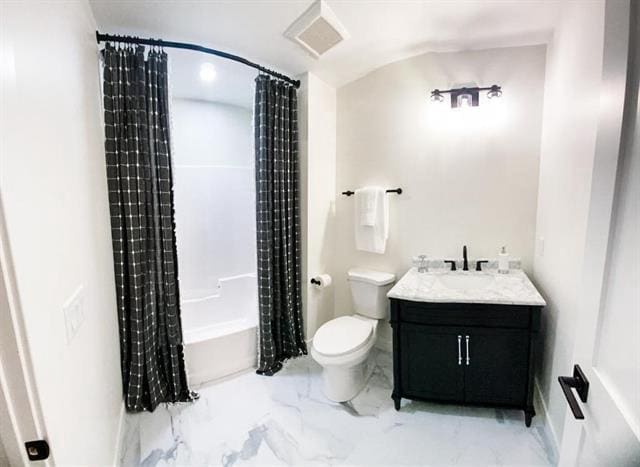 bathroom featuring vanity, visible vents, shower / bath combo with shower curtain, toilet, and marble finish floor