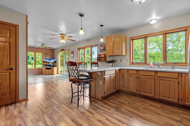 kitchen with a peninsula, a breakfast bar area, light countertops, and a sink