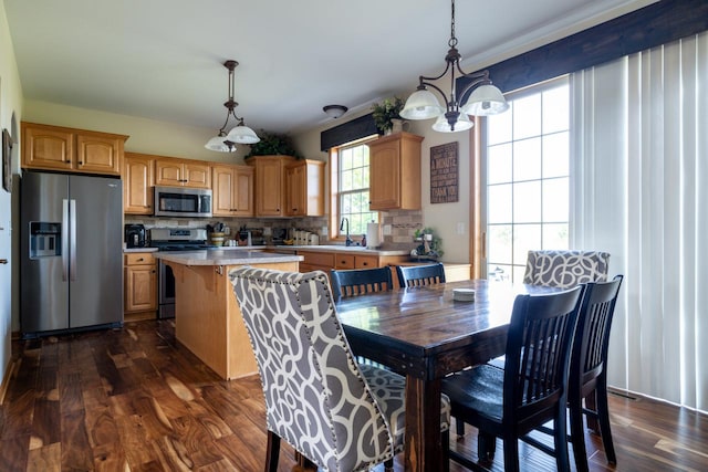 interior space with a healthy amount of sunlight, sink, a chandelier, and dark wood-type flooring