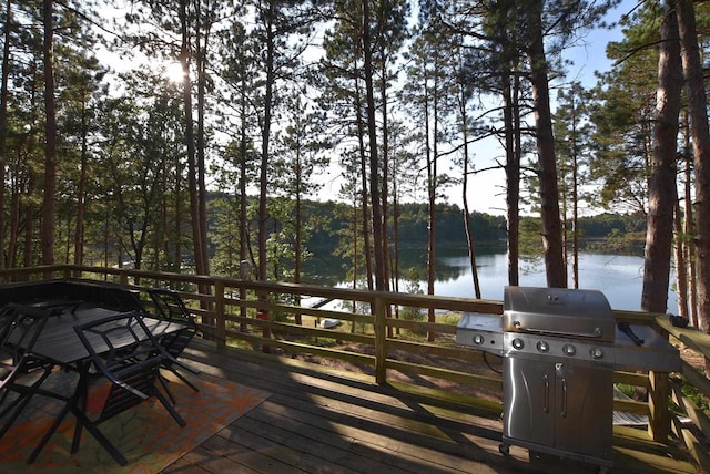 wooden deck with grilling area and a water view