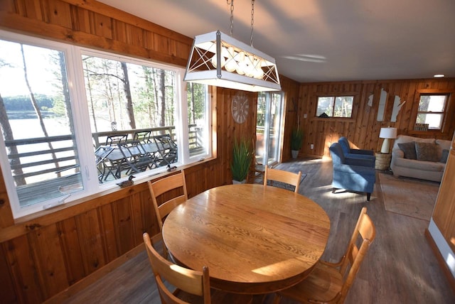 dining space with dark wood-type flooring and wooden walls