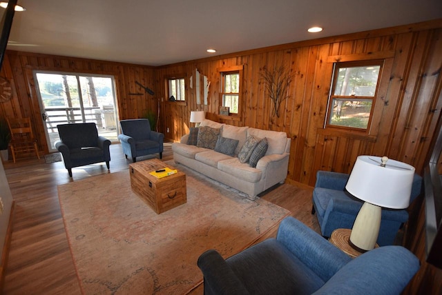 living room featuring wood walls and hardwood / wood-style floors