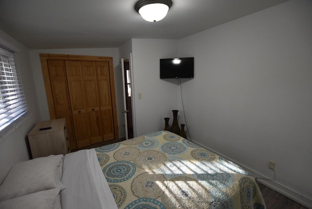 bedroom with a closet and hardwood / wood-style flooring