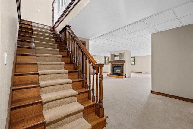 staircase with carpet flooring and a drop ceiling