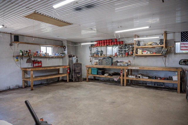 garage with a workshop area