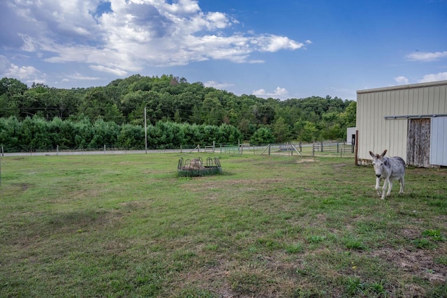 view of yard featuring a rural view and an outdoor structure