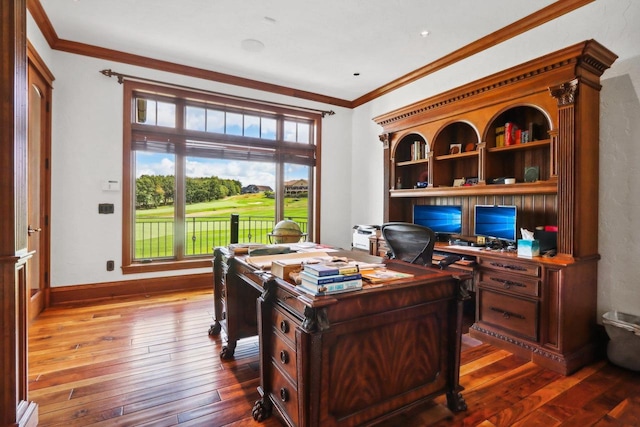 office area with crown molding and hardwood / wood-style floors